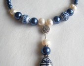 Blue & White Pearl Necklace with Drop Pendant - Blue Drop
