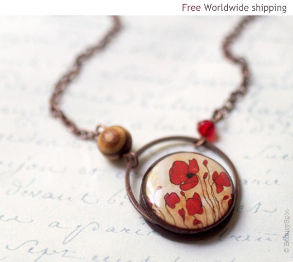 Poppies Red Flower necklace - Gift for her under 25 (N040)