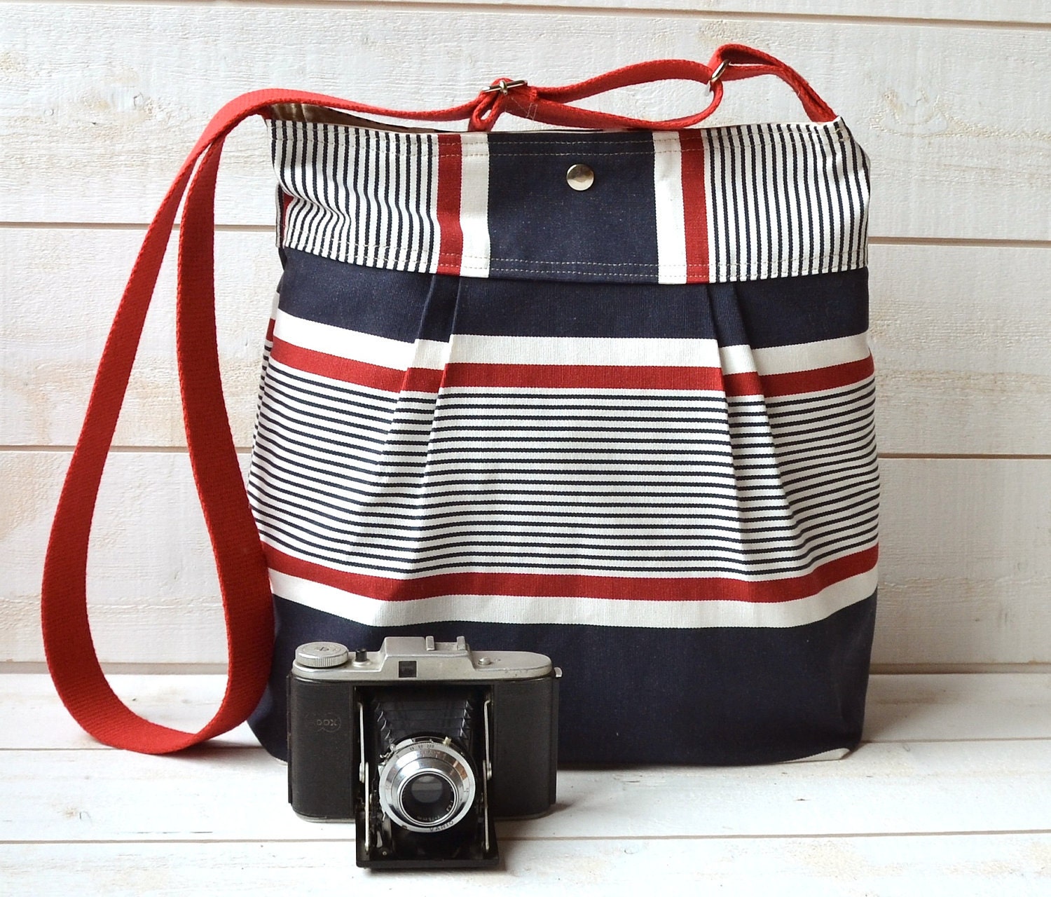 Boxing Day Sale Stockholm Diaper bag BLUE Denim navy ,Red  and Ecru  Pleated French Messenger - COTON Water Resistant -8 Pockets
