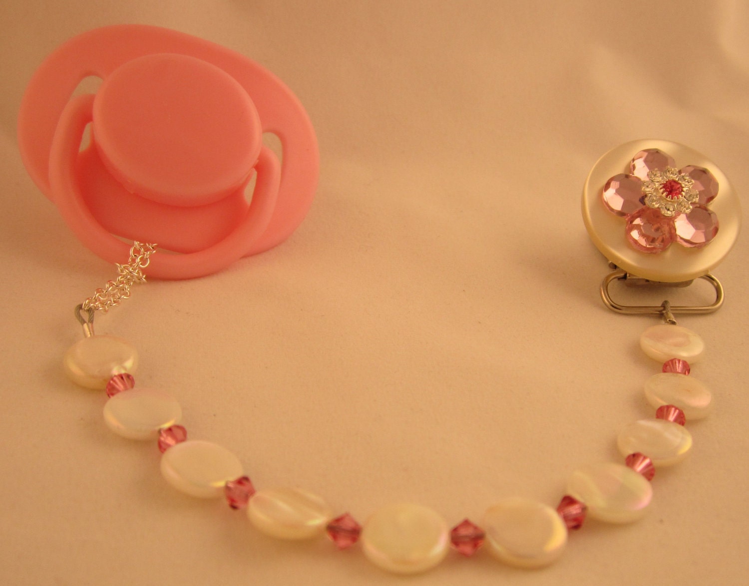 Pink Flower Pacifier clip with Stunning Mother of Pearls