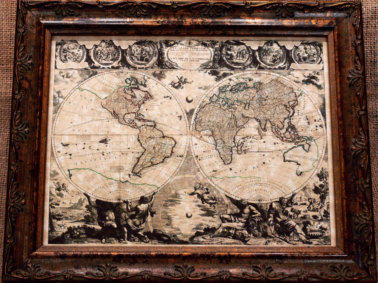 Double Hemisphere World Map Print of a 1708 Map on Parchment Paper