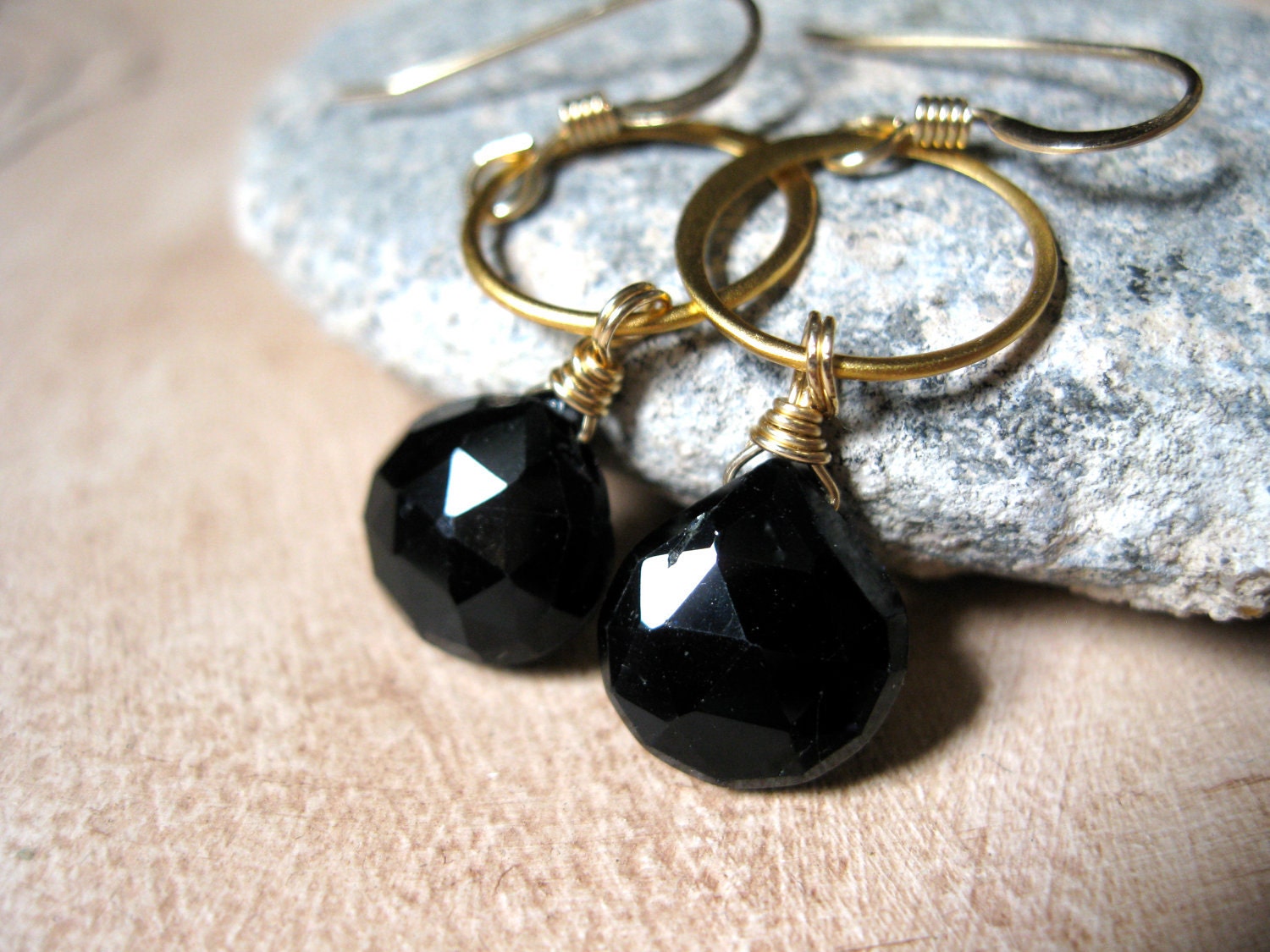 Black Tourmaline, Gold Vermeil Circle Earrings