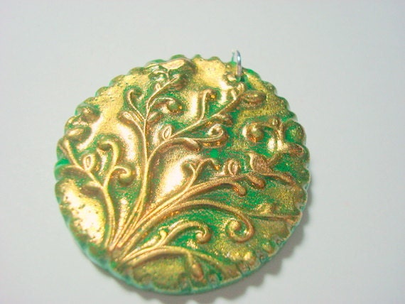 Copper Crackle Green Birds in a Tree of Life Handmade Polymer Clay Pendant or Focal Bead