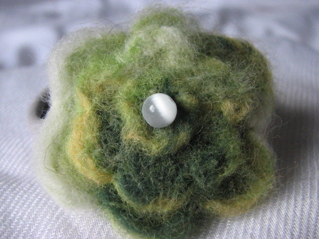 Felted flower ponytailholder shades of green