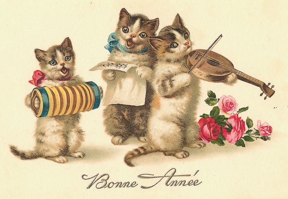 Free US shipping Funny Handprinted Cotton Art Reproduction Applique Poster Vintage Cats/Kittens playing Music Postcard Bonne Annee