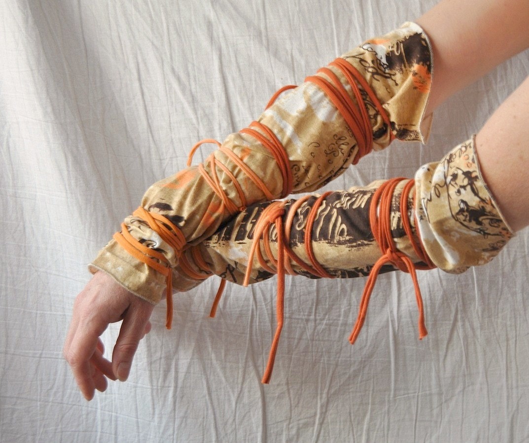 Arm Warmers Brown and Orange, Tattered, Wrapped Wrists, Cuffs, Eco Funky Style.