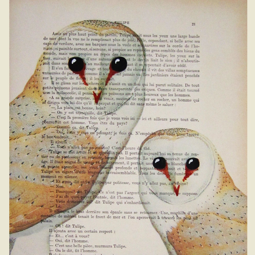2 owls- ORIGINAL ARTWORK Hand Painted Mixed Media on 1920 famous Parisien Magazine 'La Petit Illustration'