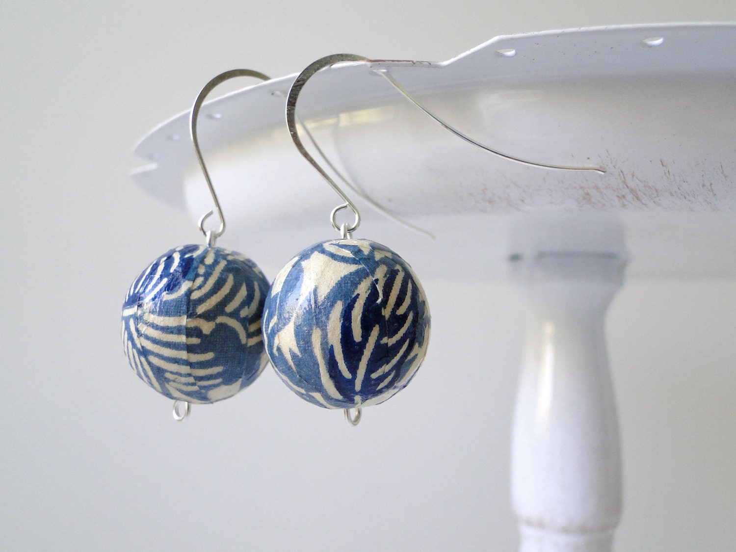 Navy Chiyogami Earrings Leaves Long Silver Hooks
