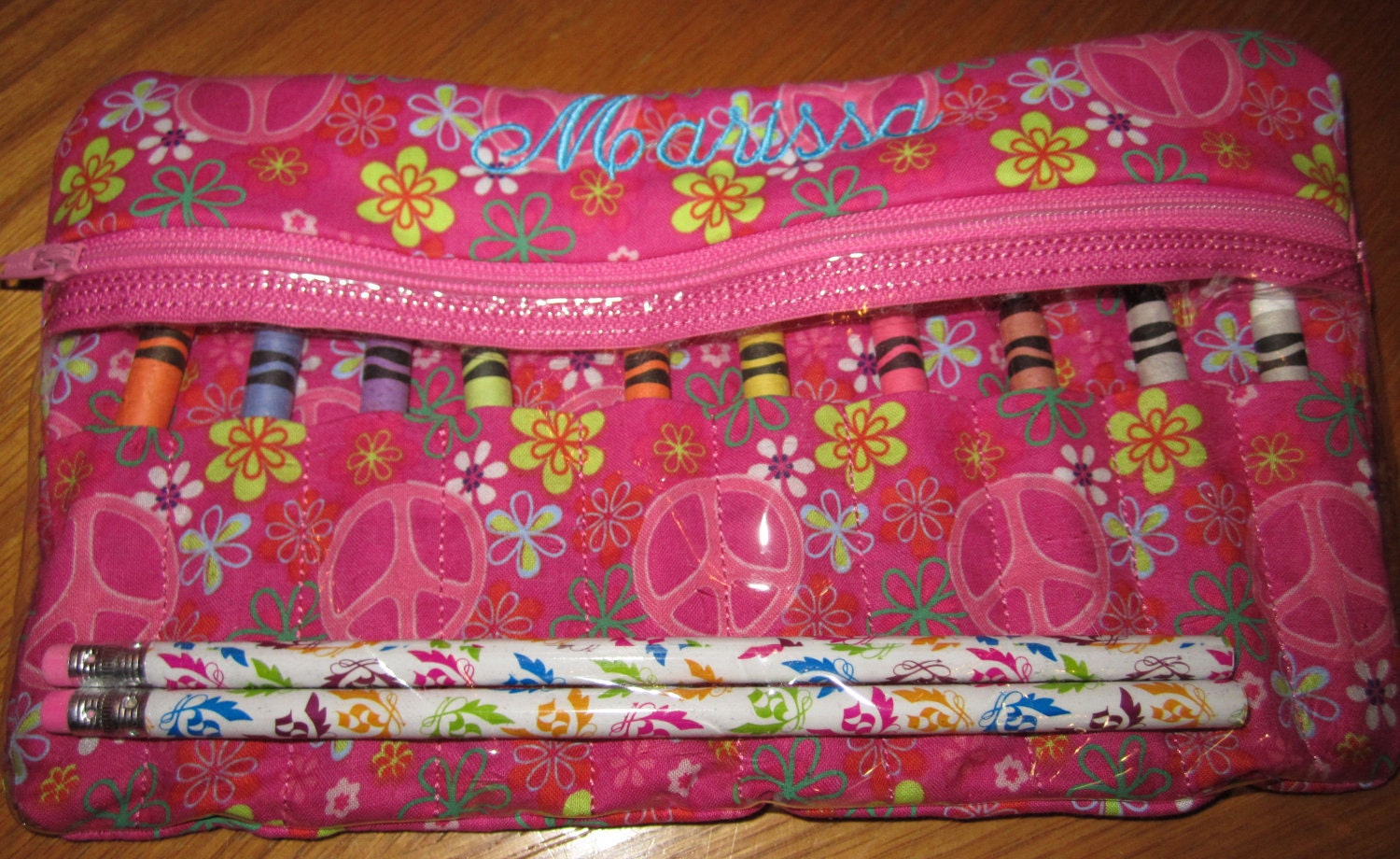 Pencil/Crayon Case with see through pouch & Crayon slots. Free Personalization. Perfect for Back to School.