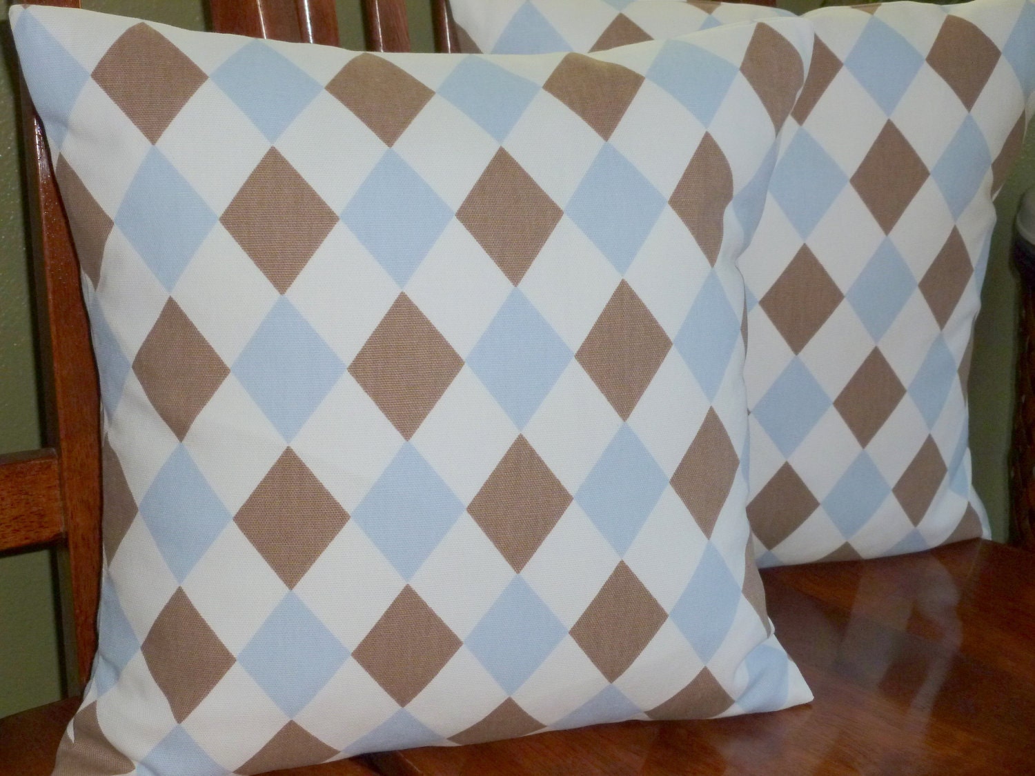 Accent Pillow Covers - Set of Two 16 Inch - Lattice design in Baby Blue and Brown