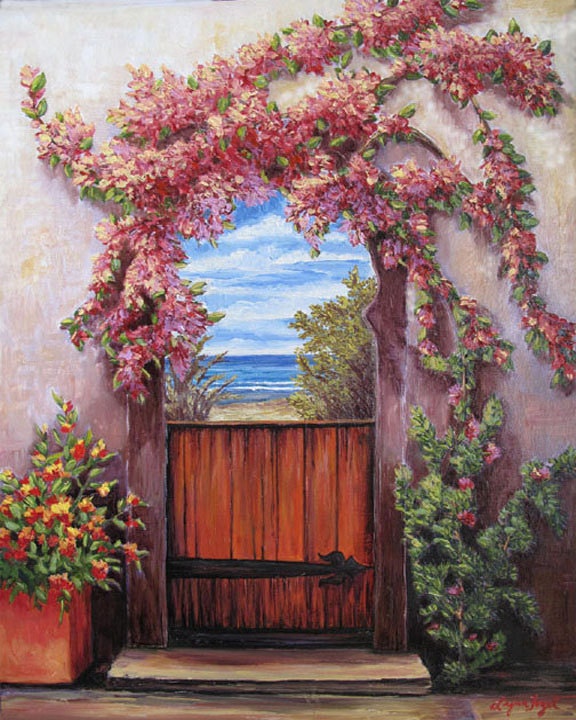 Beach, ocean, flower, Print, 11x14 inch with double mat bougainvillea, Courtyard, a paradise