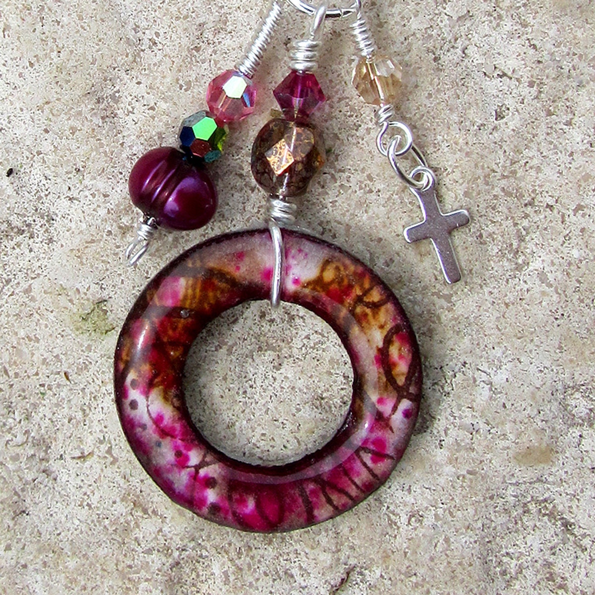 Anna's Washer Art Charm Pink & Brown Super Charm with Sterling Silver Cross Free Gift Box