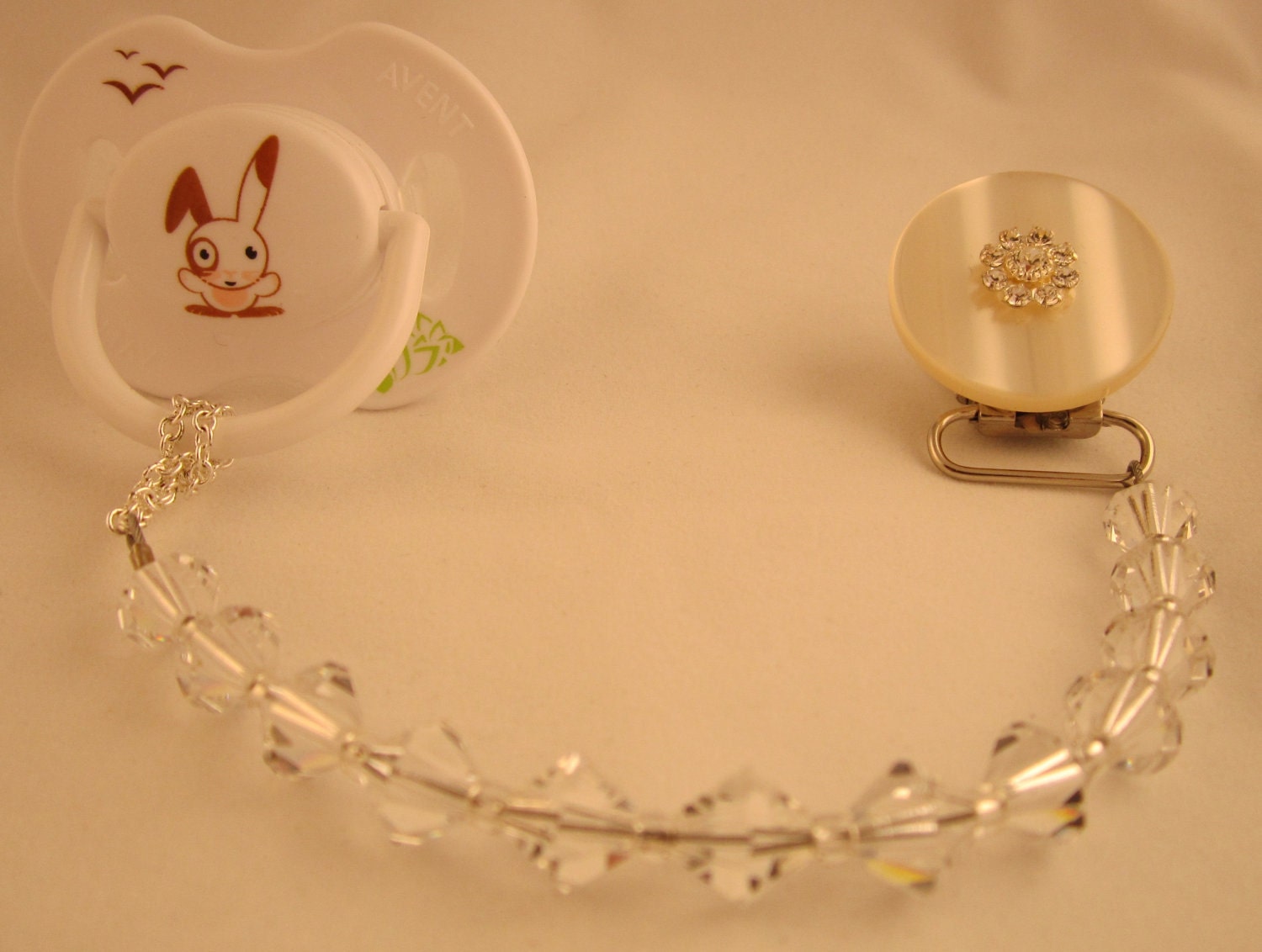 White Sparkling Pacifier clip with Stunning Swarovsky Crystals