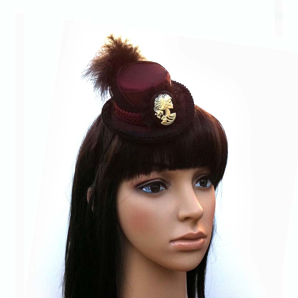Steampunk Burgundy and Black Victorian Riding Hat Mini Top Hat with Skull Cameo and Feathers