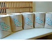 Blue Bird Box bin basket SET 5 Storage Weddings decor Party Natural Oatmeal Linen Organizer  Embroidery Gift Wrap  tagt team