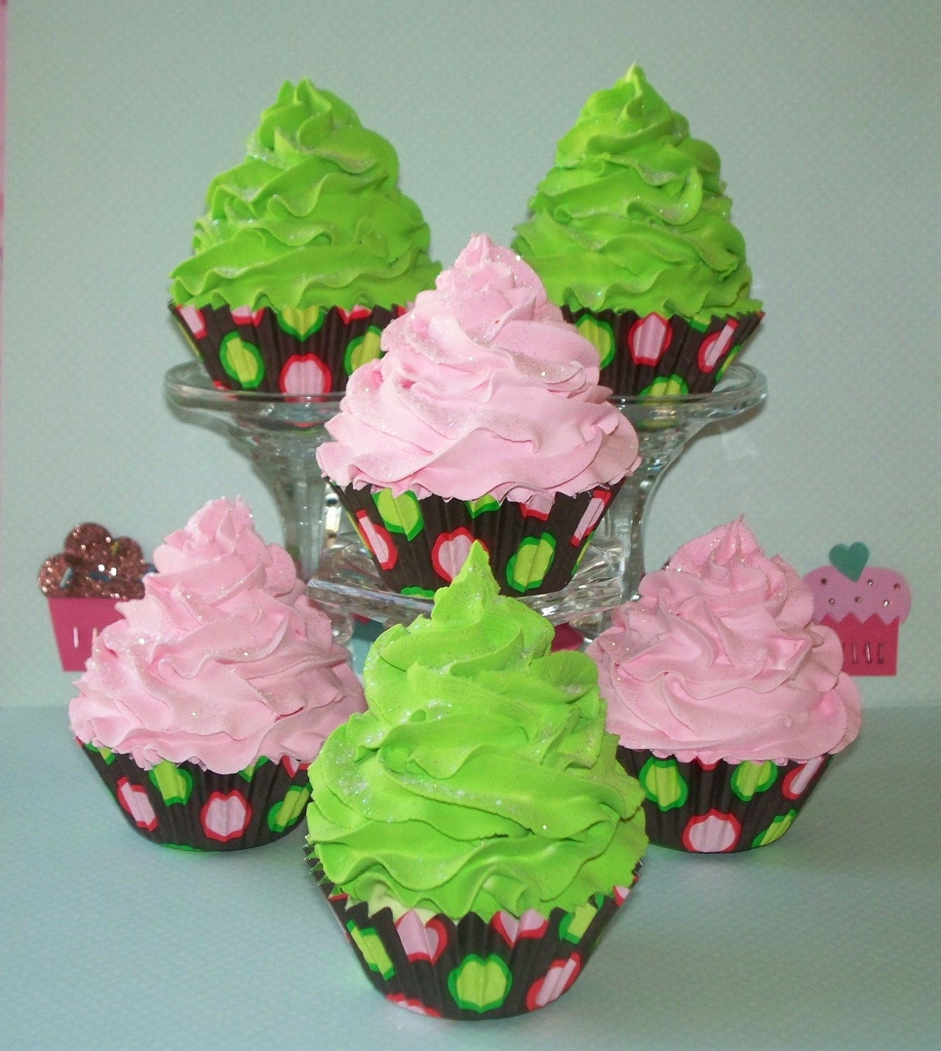 Set of 6 Fun Fake Cupcakes Pink and Lime Green Whipped Frosting Icing great for Birthday Parties, Photo Props, Toppers, Home Decor