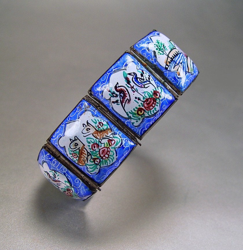 Persian Enamel Story Bracelet Vintage 1940s Ethnic Jewelry