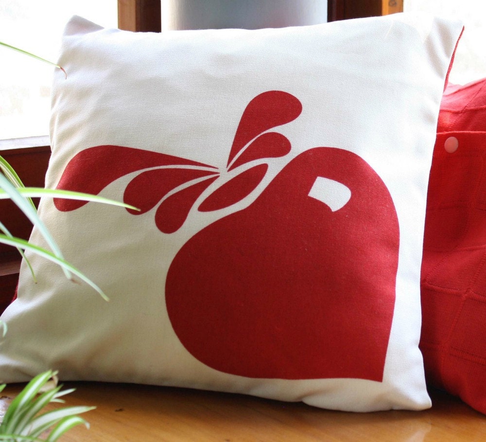 Modern cushion - Natural and red CUSHION cover, hand printed design.