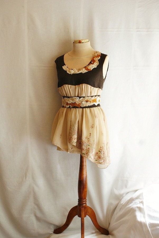 Fairy Tunic with Romantic Tattered Neck and Belt. Funky Eco Style.