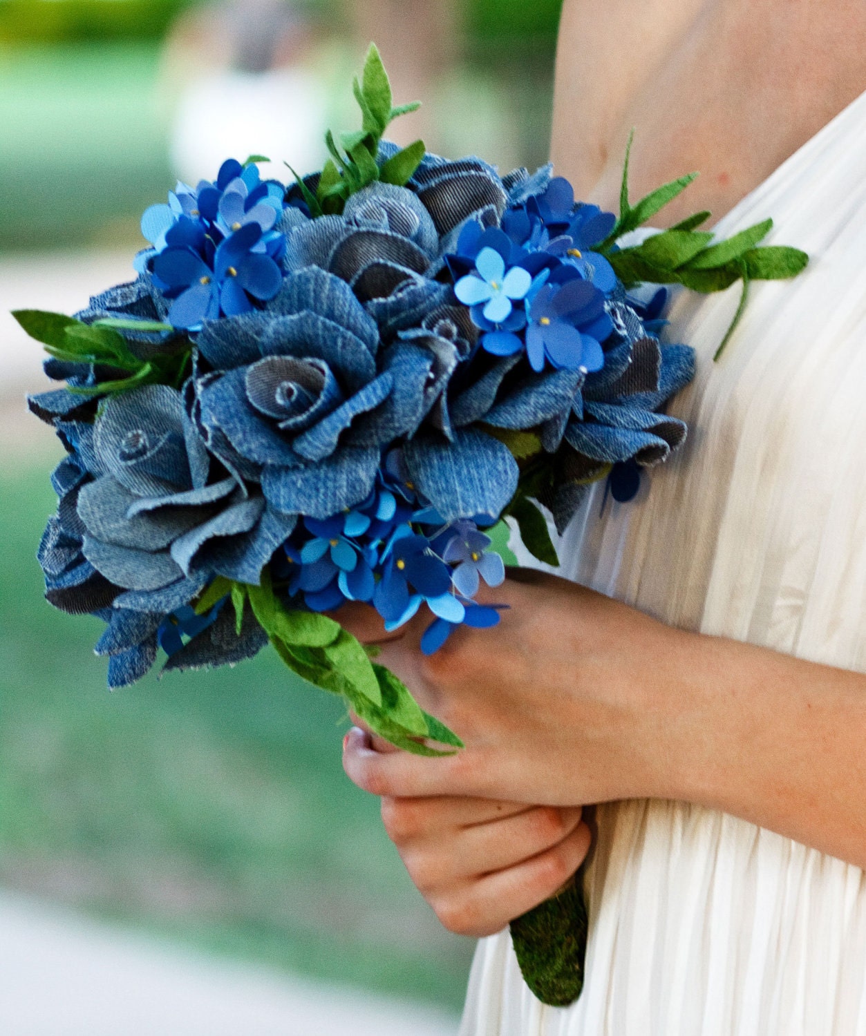 Paper flower and denim wedding bouquet - hydrangea, roses and greenery with matching boutonniere
