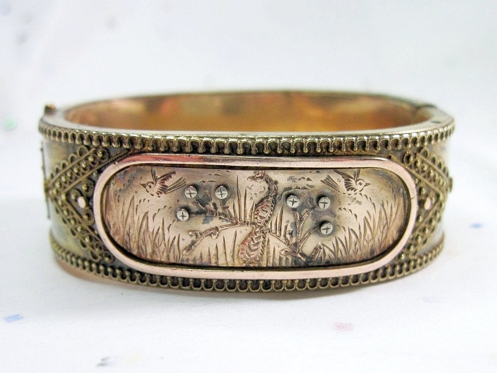 Antique Victorian Peacock Bracelet Bangle Birds C1875 - For Small Wrist - WickedDarling