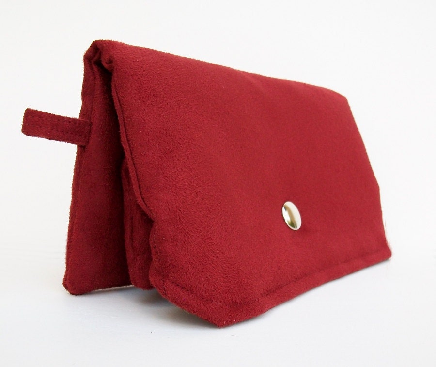 Red Clutch Wallet with Attached Zippered Pouch, Faux Suede