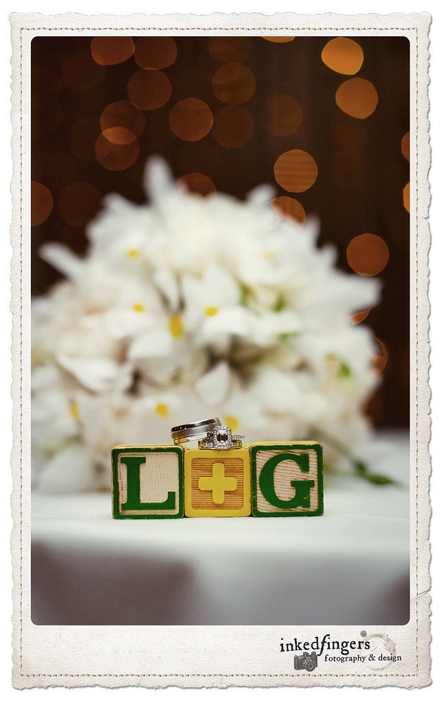 Personalized Wedding Ring Engagement Photo Prop Made From Vintage Letter Blocks - Bride & Groom Initials - Sweet, Romantic, Charming