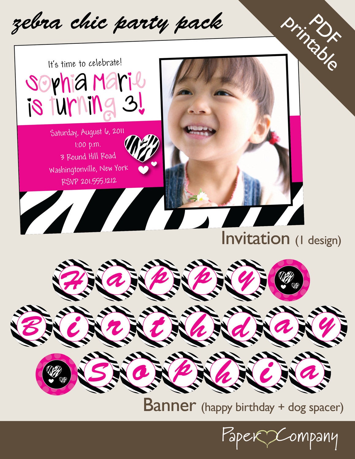 ZEBRA CHIC Birthday Party Package Event Printable diy Customizable-Elite Package