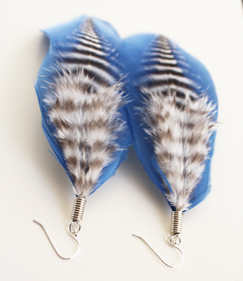 Ocean Earrings, Feathers in Blue, Black and White, Sterling Silver