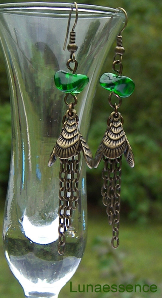 Fairy Wings Green Vintage Brass Dangle Chain Long Earrings