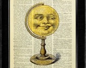 Globe Moon - ORIGINAL ARTWORK hand painted Mixed Media art print on 8x10 Vintage Dictionary page, Dictionary art, Dictionary print, wall art