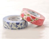 Japanese Washi Masking Tapes / Red and Blue Flowers for Gift Wrapping, Wedding Invitations, Announcements (15m Long, 50 percent more)