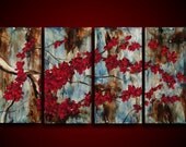 Encaustic Painting. 20% OFF Sale. Large Painting. Red Flowers. Blossoms. Asian Painting. Abstract Painting. Original Painting. 20 x 40