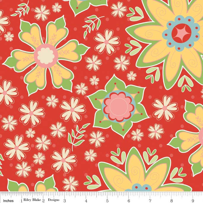 Delighted Fabric Red Large Floral with Yellow from Riley Blake Designs 1 Yard New