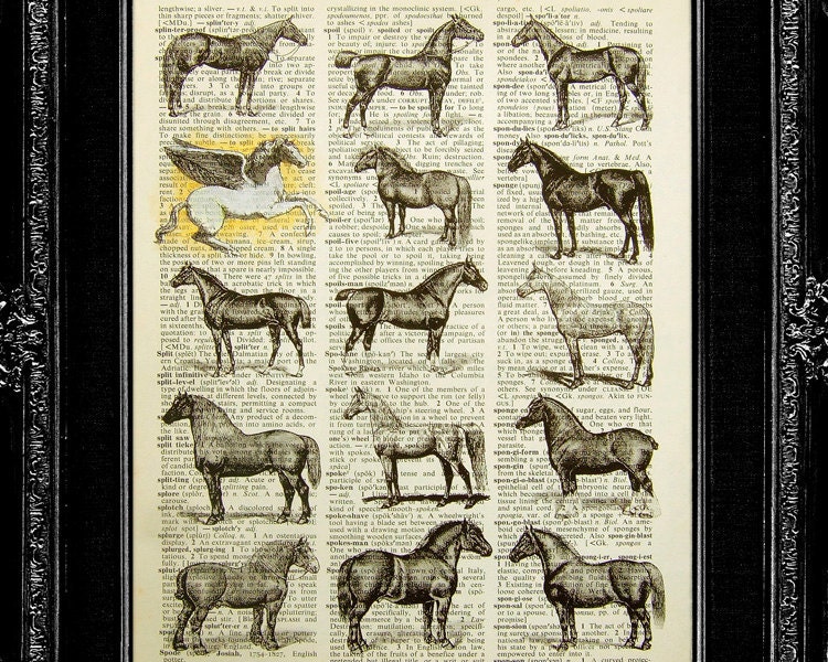 Horse Art Print - What's Wrong with the Horses - ORIGINAL ARTWORK hand painted art print on Dictionary page, Dictionary print