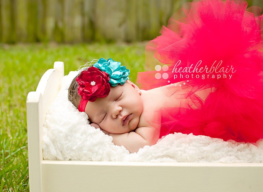 Aqua and Red Flower Duo On Red Satin Stretch Headband- Gorgeous PHOTO PROP- Newborn, Toddler, Girl, Adult