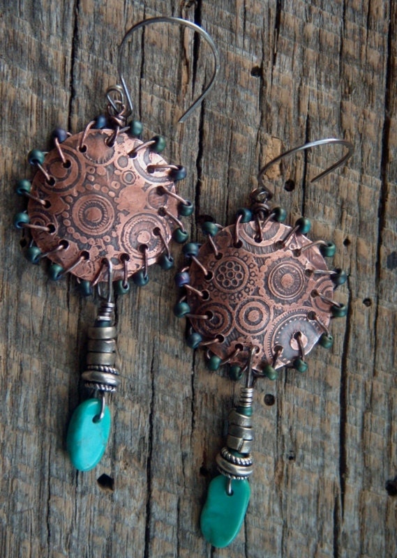 RESERVED-Copper Discs, Turquoise with Woven Glass Earrings