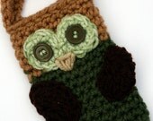 Owl Cell phone camera iPod holder case cozy crochet colors ofive green, light green dark brown and tan