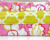 wristlet clutch with gathers and zipper, credit card pockets, removable strap
