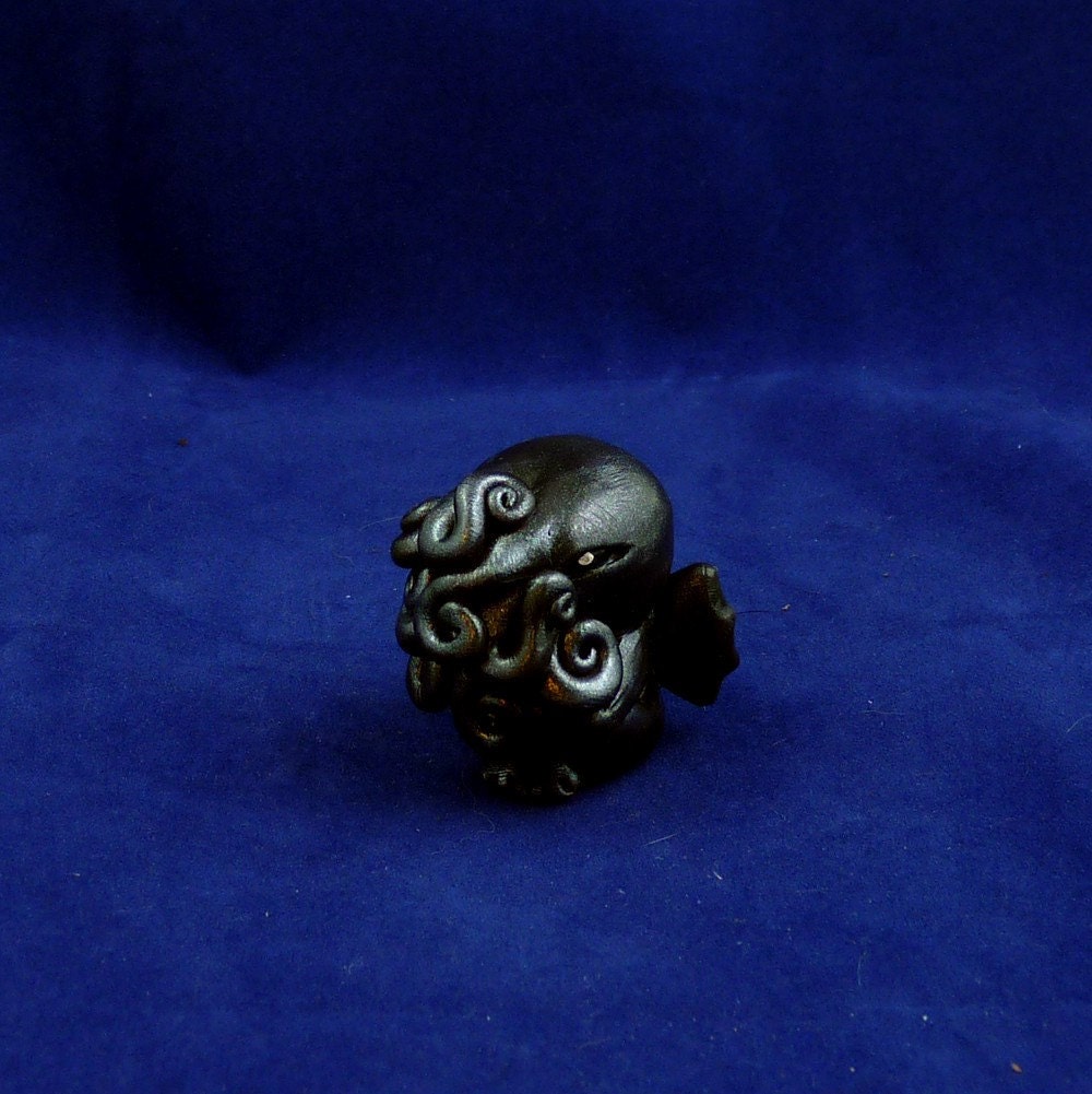Antique Silver Cthulhu Figure - Original Polymer Clay Horror Sculpture Inspired by H.P. Lovecraft