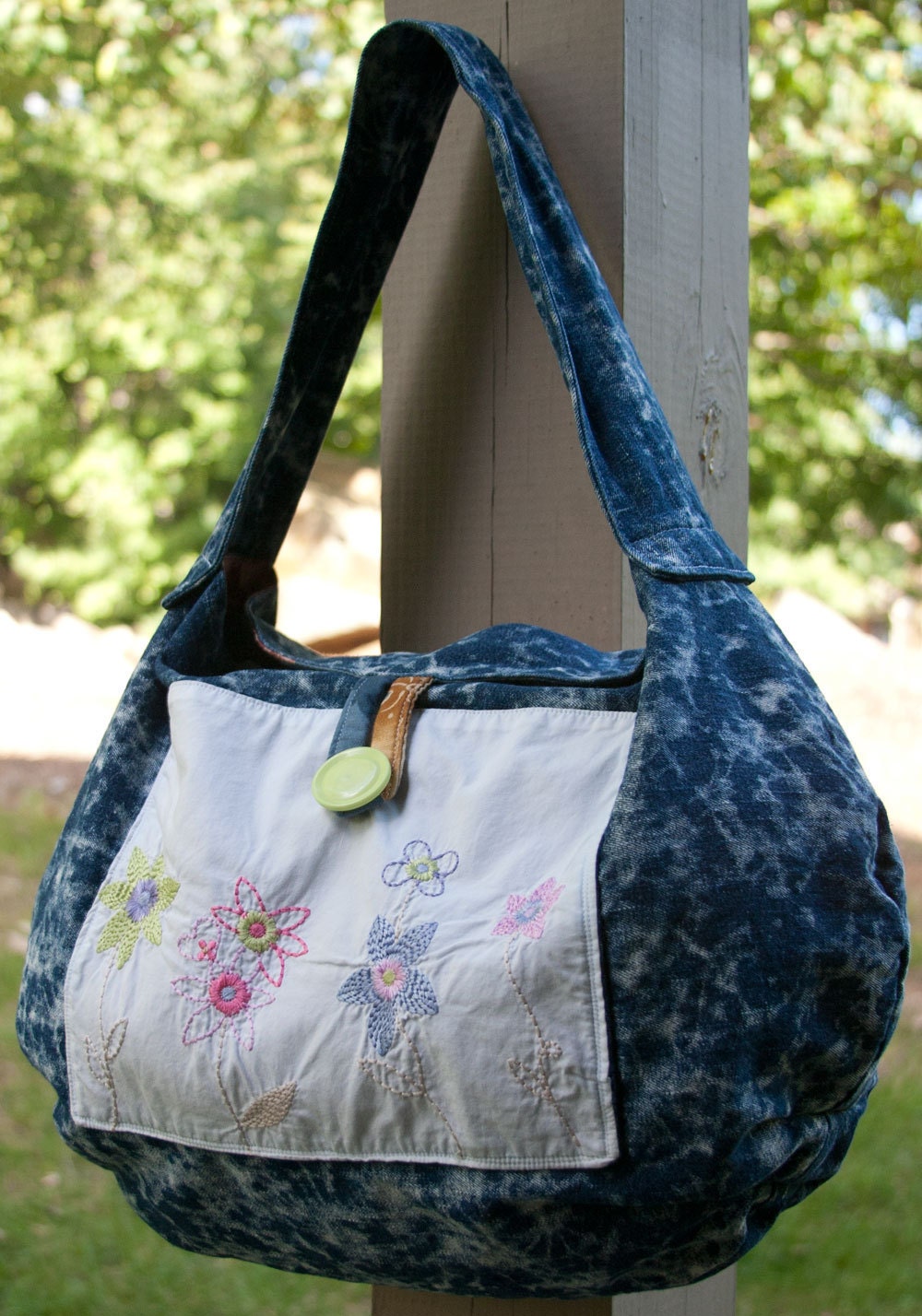 Bleached Denim and Multicolor Hobo Bag, BIG, Cotton, Rayon, Washable