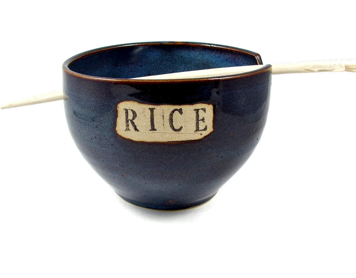 Blue Rice Bowl or Noodles - Handmade Wheel Thrown Ceramic Stoneware Clay Pottery - Ready to Ship