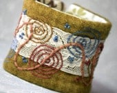 Fabric Cuff Hand Embroidered Circles and Lace Bamboo Plaid
