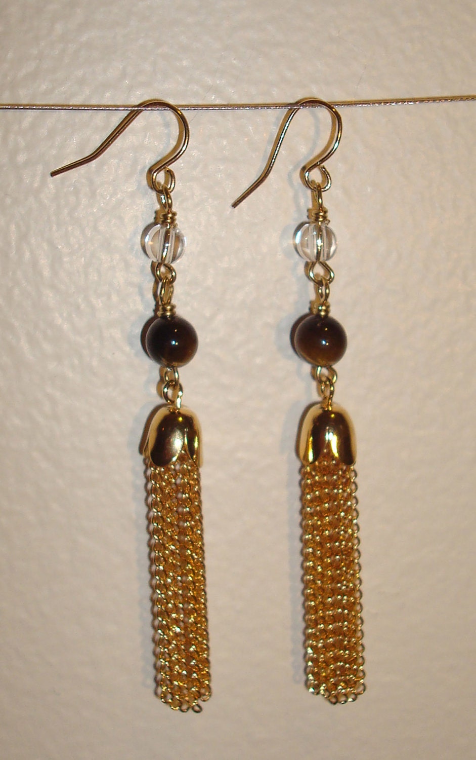 Gold tassel, stone beaded earrings
