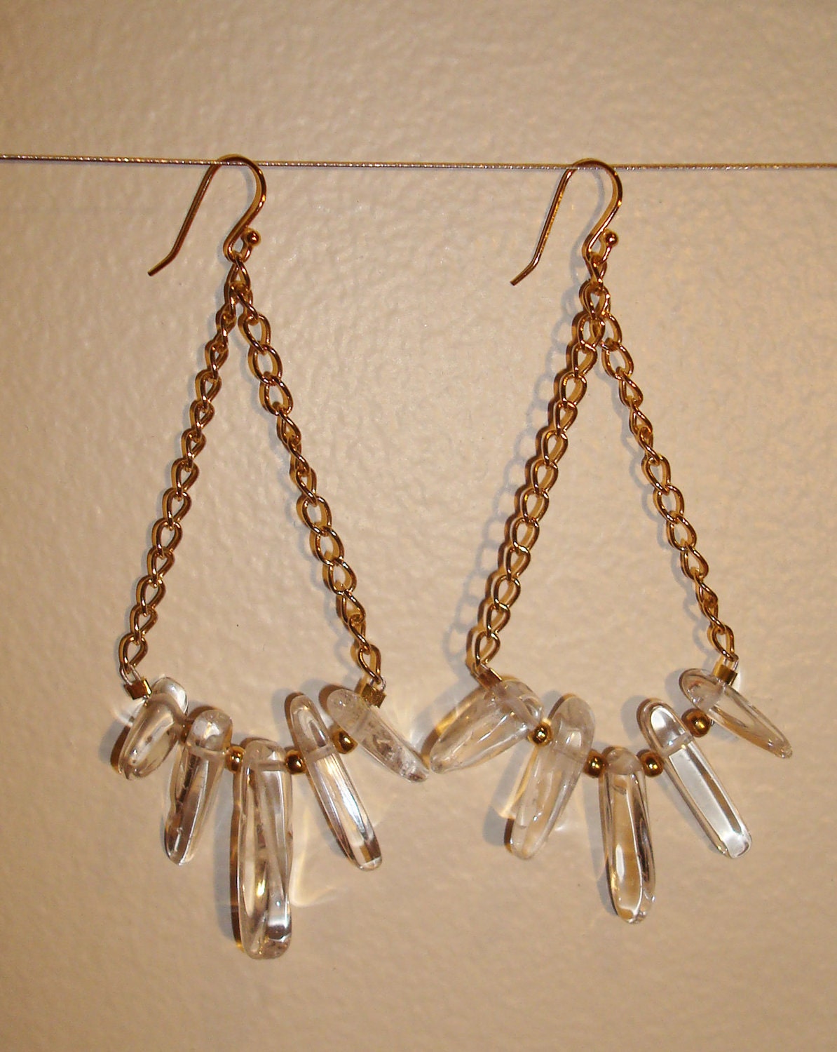 Triangle gold chain earrings with clear stone drops