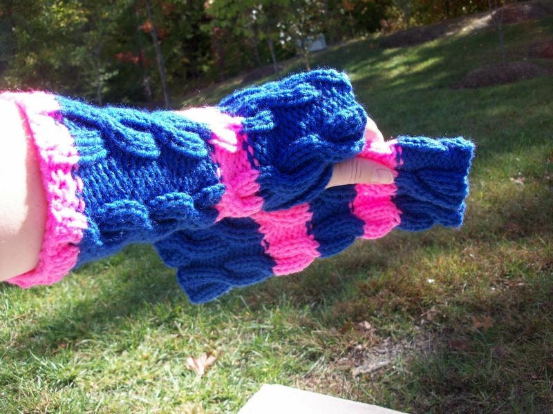Hand Knit Cable Wrist Warmers, Royal Blue and Hot Pink Stripes, Fingerless