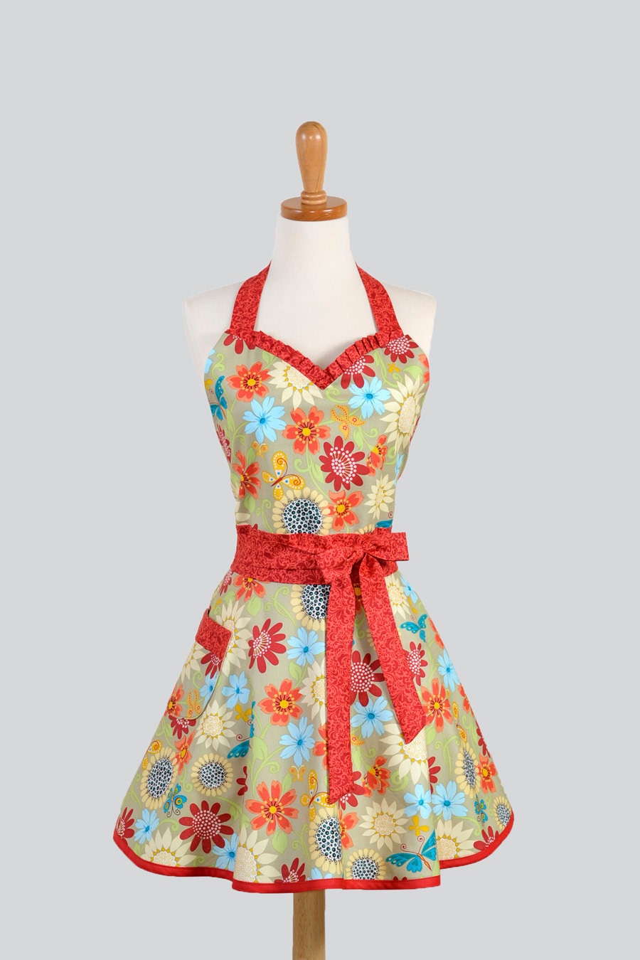 Womens Sweetheart Hostess Apron - Sexy Retro Ruffled Sweetheart in Katie Floral of Paprika Blue and Orange