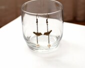 Fresh Water Pearl Little Birdies Antique Brass Earrings
