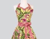 Womens Sweetheart Hostess Apron , Feminine Retro Ruffled Sexy Sweetheart Jack In The Pulpit Botanical in Magenta Orchid Fuchsia and Green