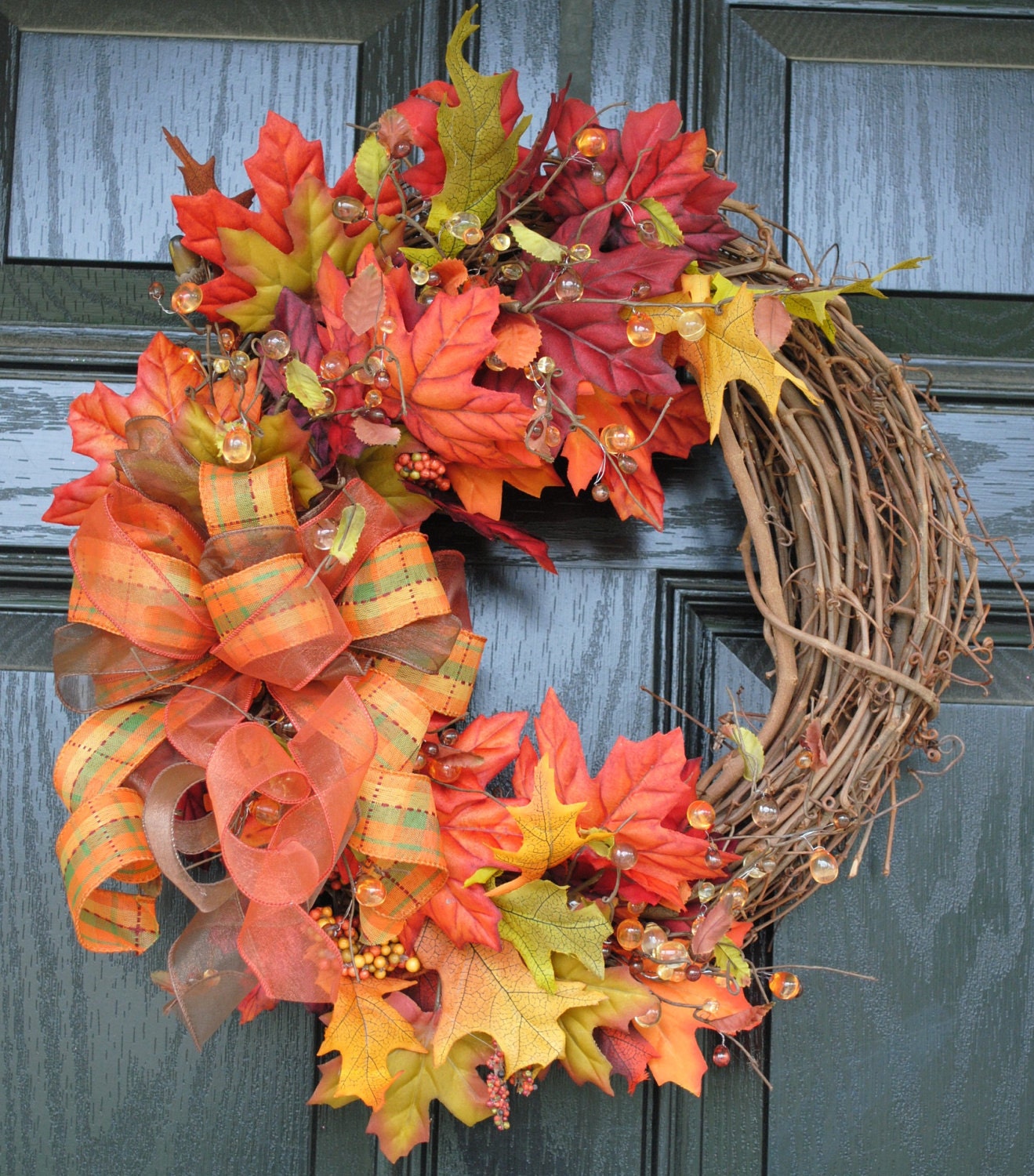 Fall Wreath Autumn Wreath Leaves and Berries with Plaid Bow 14 inch